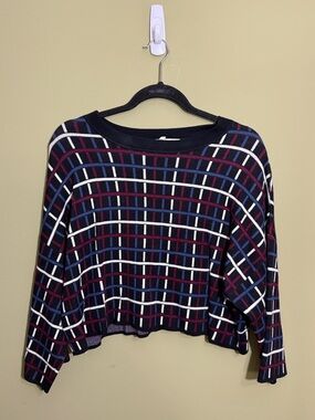 BCBG Striped Cropped Drop-Shoulder Knit Sweater in Black, Navy & Burgundy